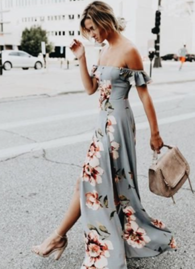 SHARLENE off shoulder flower satin dress